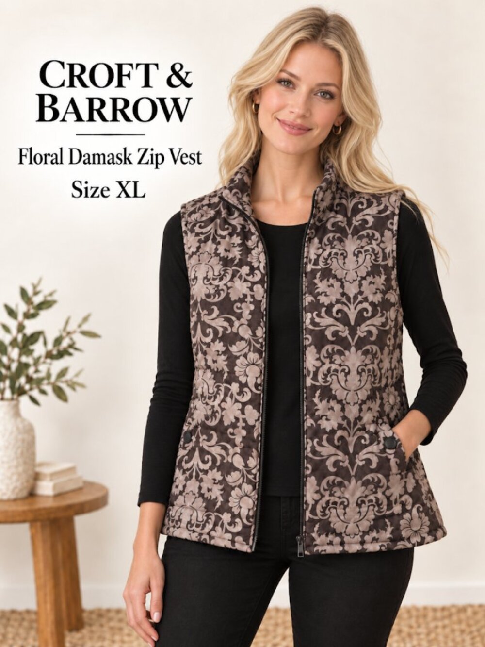 Croft & Barrow Women's Quilted Plum Damask Full-Zip Vest - Size XL